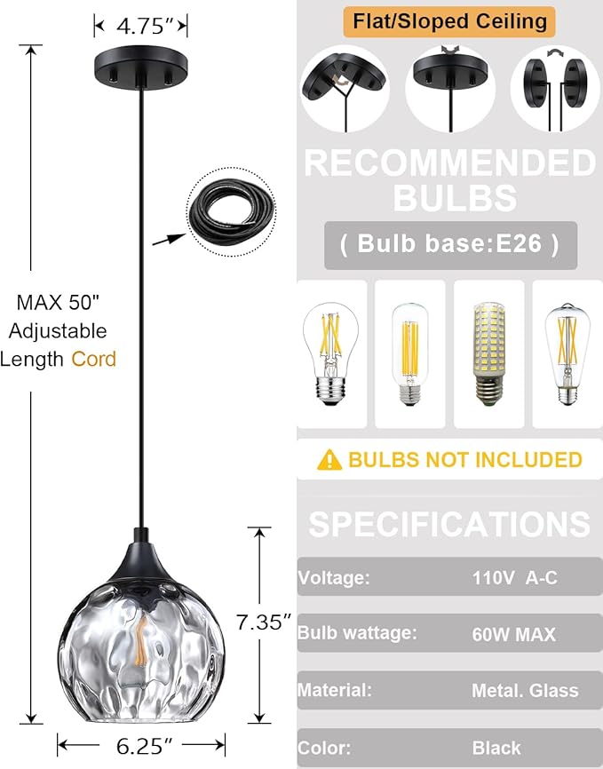 3 Pack 1 Light Hanging Indoor Kitchen Island Pendant Light 6.3" Grey Hammer Glass Pendant Ceiling Light Fixtures Black Finish Modern Farmhouse Dinning Over Sink(Adjustable Height Cord)