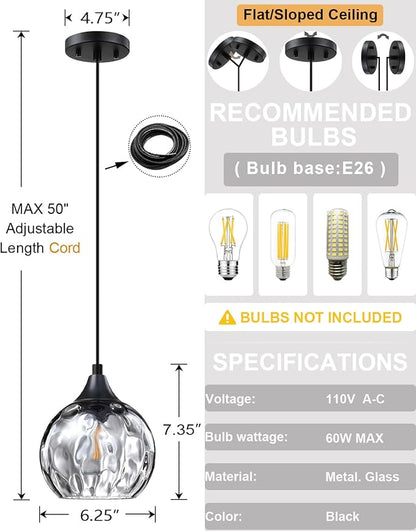 3 Pack 1 Light Hanging Indoor Kitchen Island Pendant Light 6.3" Grey Hammer Glass Pendant Ceiling Light Fixtures Black Finish Modern Farmhouse Dinning Over Sink(Adjustable Height Cord)