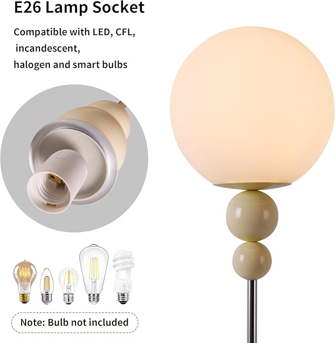 Modern Glass Floor Lamp for Bedroom, 63'' Vintage Mid-Century Floor Lamp with Milky White Frosted Glass Globe Shade for Living Room Corner, Slim Standing Reading Lamp for Office Decor (White)