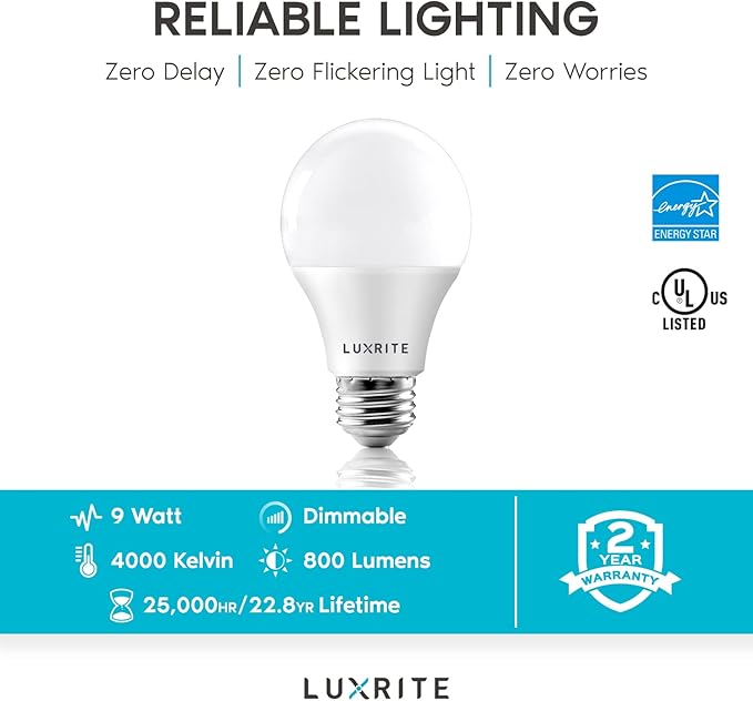 LUXRITE A19 LED Bulb 60W Equivalent, 4000K Cool White, 800 Lumens, Dimmable Standard LED Light Bulbs 9W, Enclosed Fixture Rated, Energy Star, E26 Medium Base - Indoor and Outdoor (24-Pack)