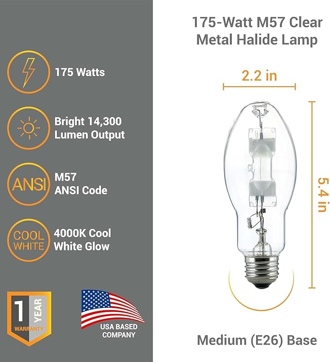 Diodesy- M57 Metal Halide Lamp 175W Probe Start 14000 Lumens E26 Medium Base 4000K Cool White Clear ED17 Shape 10000 Hours Lifespan- High Intensity Discharge HID Outdoor Light Bulb for Street Parking