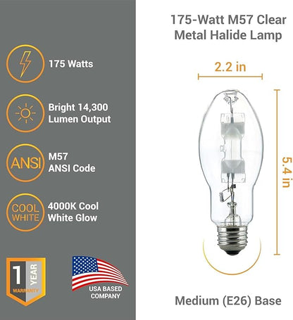 Diodesy- M57 Metal Halide Lamp 175W Probe Start 14000 Lumens E26 Medium Base 4000K Cool White Clear ED17 Shape 10000 Hours Lifespan- High Intensity Discharge HID Outdoor Light Bulb for Street Parking
