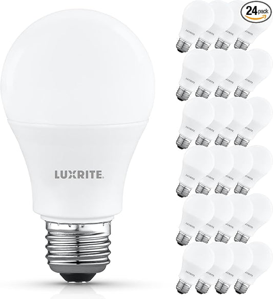 LUXRITE A19 LED Light Bulb 60 Watt Equivalent, Non-Dimmable, 5000K Bright White, 800LM, Standard LED Light Bulbs 8W, E26 Base, Enclosed Fixture Rated, Damp Rated, ETL Listed (24 Pack)