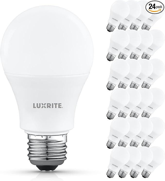 LUXRITE A19 LED Light Bulb 60 Watt Equivalent, Non-Dimmable, 3000K Soft White, 800LM, Standard LED Light Bulbs 8W, E26 Base, Enclosed Fixture Rated, Damp Rated, ETL Listed (24 Pack)
