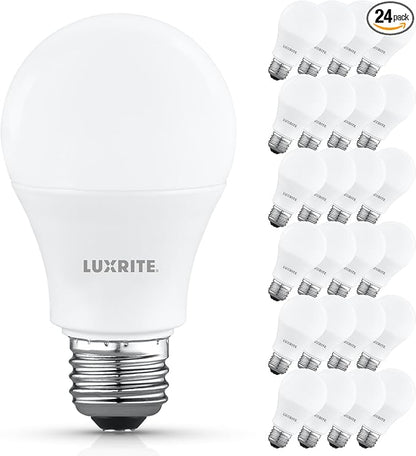 LUXRITE A19 LED Light Bulb 60 Watt Equivalent, Non-Dimmable, 4000K Cool White, 800LM, Standard LED Light Bulbs 8W, E26 Base, Enclosed Fixture Rated, Damp Rated, ETL Listed (24 Pack)