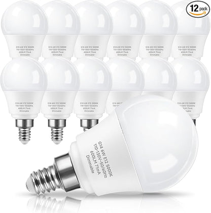 E12 Ceiling Fan Light Bulbs Dimmable, 60W Equivalent LED Bulb, Daylight White 5000K, E12 Small Base Candelabra A15 LED Round Light Bulb, 600 Lumen, Pack of 12