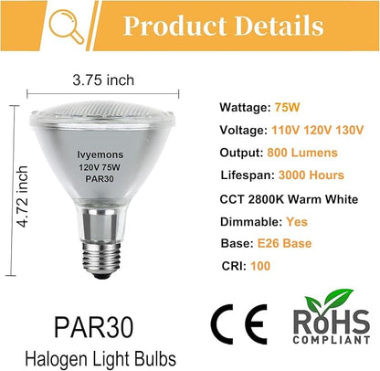PAR30 Long Neck Halogen 75W 120V - 2 Pack PAR30 75W 120V Flood Bulb Warm White 2800K, PAR 30 Dimmable E26 Base, High Output 800LM 75Watt PAR 30 Halogen Bulb for Tracking Light, Recessed Light