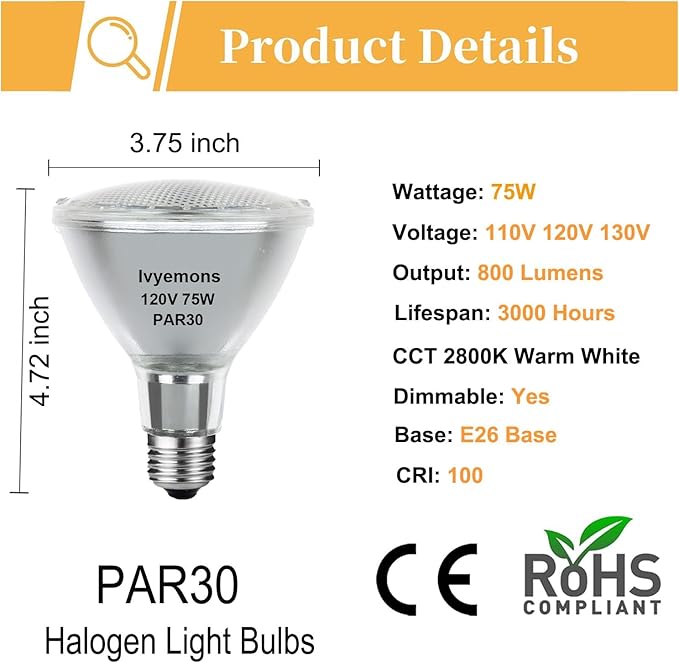 Halogen PAR30 Long Neck 75W 120V 800LM, 6 Pack High Output Halogen PAR30 Dimmable 2800K Warm White with E26 Base, Long Lifespan Long Neck Flood Light Bulb with CRI100 for Recessed Lighting