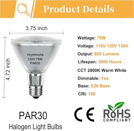 Halogen PAR30 Long Neck 75W 120V 800LM, 6 Pack High Output Halogen PAR30 Dimmable 2800K Warm White with E26 Base, Long Lifespan Long Neck Flood Light Bulb with CRI100 for Recessed Lighting