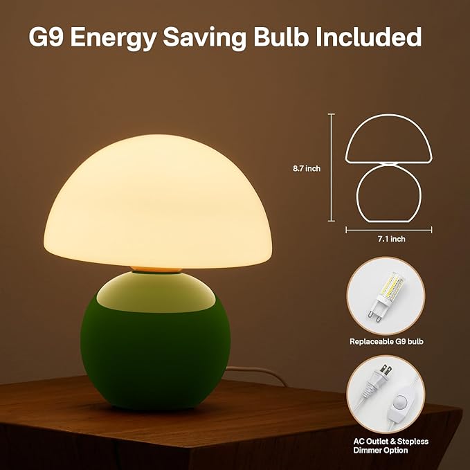 Mushroom Lamp Table Lamp for Bedroom,Desk Bedside Small Lamps for Living Room Night Stands,Mushroom Decor Cute Mini Modern Mid Century Lamps,Unique Aesthetic Living Room Decor(Dark Green)