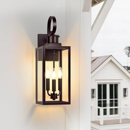 19" Large Outdoor Wall Lights, 3-Light Brown Waterproof Exterior Wall Light Fixtures with Clear Glass Shades, Farmhouse Outdoor Wall Sconces Lantern for House, Porch, Patio, Garage, Front Door, 1-Pack