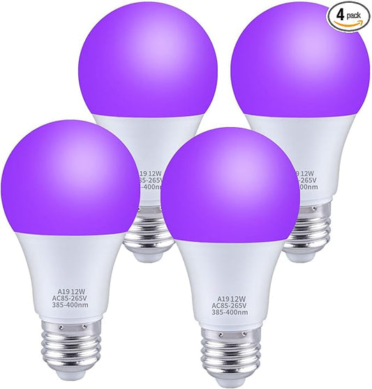 Ontesik A19 LED Black Light Bulbs,E26/E27 Base Dimmable Black Lights,12W UVA Level 395NM, Halloween Light Bulbs，Glow in The Dark，Fluorescent Poster, Body Paint,Neon Glow Party