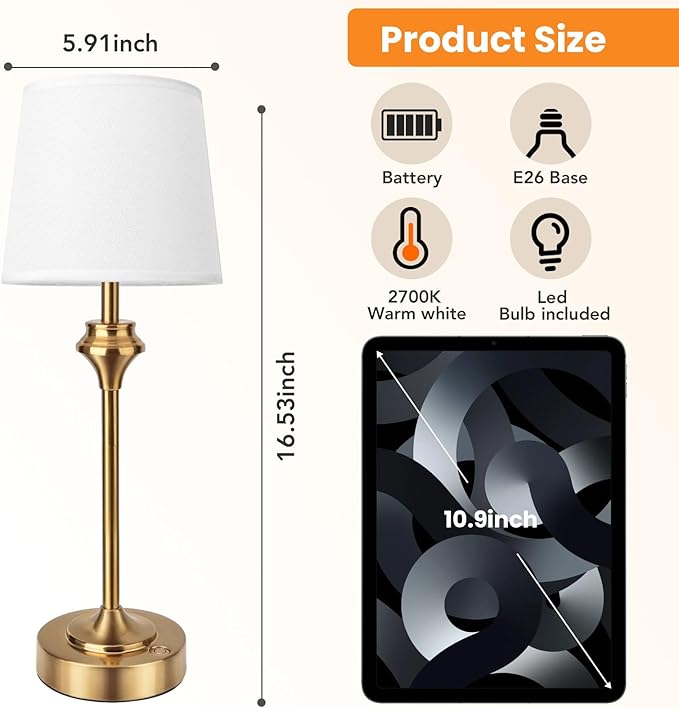 NIORSUN Portables Cordless Table Lamp,Battery Operated Lamp,5200mAh Bedside Table Lamp with Warm White,3 Way Dimmable Touch Desk Lamp for Bedroom Living Room Restaurant White Shade (Gold)