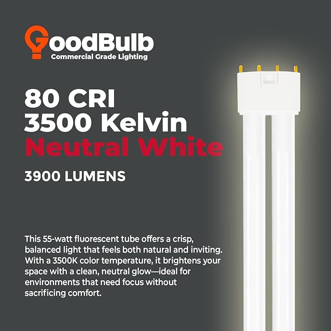 GoodBulb PLL55/835 55W 21.2" Twin Tube Compact Fluorescent Light Bulb 4-pin 2G11 Base 3500K Neutral White 3900 Lumen 36000 Hour Long Life Biax Pack of 10