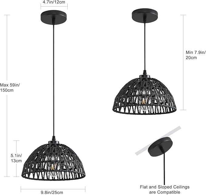 3 Pack Woven Pendant Light Fixtures,10.2" Black Rattan Pendant Lights Farmhouse Basket Light Fixture Adjustable Boho Hanging Lamp for Kitchen Island Bedroom Dining Room Foyer Hallway