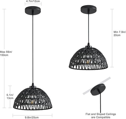 3 Pack Woven Pendant Light Fixtures,10.2" Black Rattan Pendant Lights Farmhouse Basket Light Fixture Adjustable Boho Hanging Lamp for Kitchen Island Bedroom Dining Room Foyer Hallway