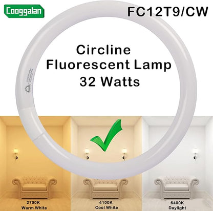 FC12T9/CW 32W Cool White Circular Light Bulbs, 12 inch Round T9 32 Watts FC12T9/841 4100K Circline Fluorescent Bulb, Replacement Kitchen and Bath Circle Light Bulb, G10q 4 Pin Prong, 2 Pack