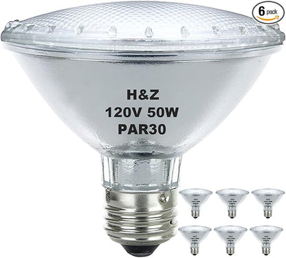 H&Z Par30 Short Neck, 6 Pack High Output Par30s Halogen 50W 120V, Par30 Dimmable Warm White 3000K, 50W Par30 Flood Light with E26 Medium Base for Recessed Trim Lighting, Track Light