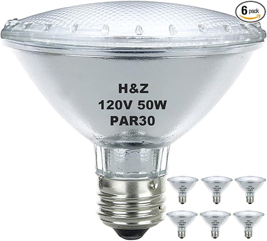 H&Z Par30 Short Neck, 6 Pack High Output Par30s Halogen 50W 120V, Par30 Dimmable Warm White 3000K, 50W Par30 Flood Light with E26 Medium Base for Recessed Trim Lighting, Track Light