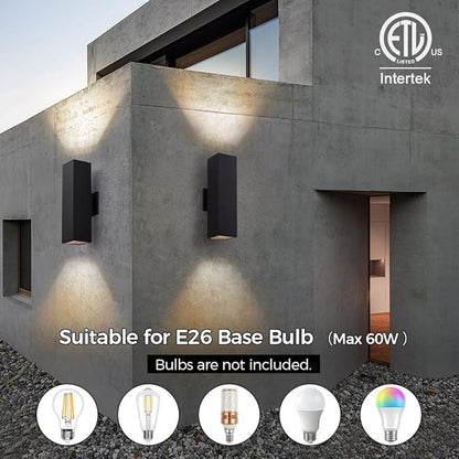 Cerdeco 2 Pack Aluminum Modern Outdoor Wall Light, 15" Exterior Up Down Light Fixtures,Black Front Door Wall Lighting with E26 Sockets [ETL Listed]