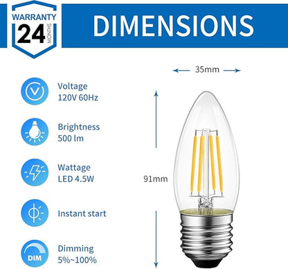 ANWIO 12 Pack B11 LED Filament Bulb E26 Candelabra Base 4.5W(60W Equivalent), Dimmable 2700K Warm White Chandelier Decorative Candle Light Bulb