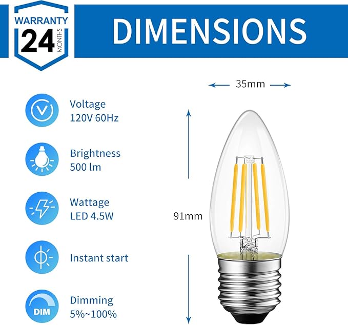 ANWIO B11 LED Filament Bulb E26 Candelabra Base 4.5W(60W Equivalent), Dimmable 2700K Warm White Chandelier Decorative Candle Light Bulb (6-Pack)