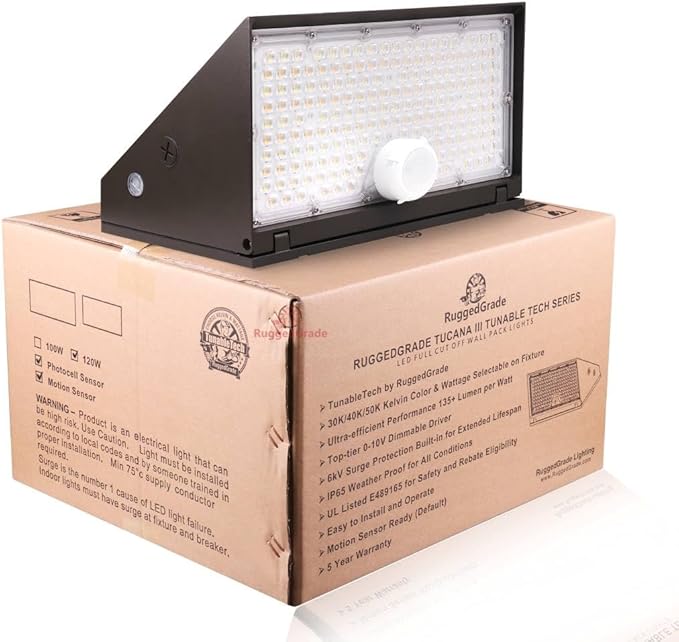 RuggedGrade 120W - Tucana III TunableTech Series - LED Wall Pack Light with Photocell & Motion Sensor - 17,200 Lumens - Color Selectable 3000K/4000K/5000K - Outdoor LED Light - DLC 5.1 Premium