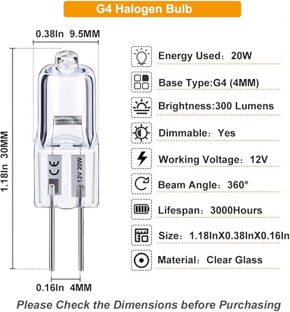 G4 Light Bulb, G4 Halogen Bulbs 20W, 10PCS G4 Bulb 12V AC/DC Dimmable, G4 Bi-Pin Base 2800K Warm White with Long Lasting Lifetime, High Brightness 300LM T3 JC Type, G4 Light for Cabinet Light Bulbs.