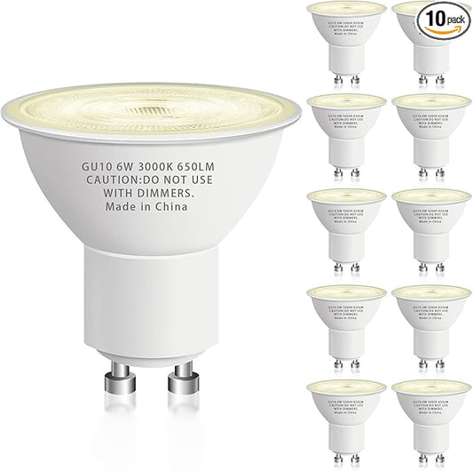 GU10 Led Bulb 6W Equivalent 50W, MR16 Led Bulb 3000K Soft White Light Bulbs, 650 Lumens, Non-Dimmable, GU10 Base, 2 Prong Track Energy Saving Light Bulbs for Kitchen, Living Room, Bedroom, 10 Pack