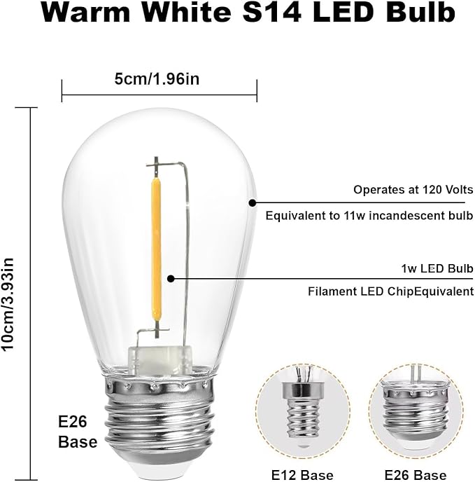 SUNTHIN 50 Pack Dimmable 1W S14 Replacement LED Bulbs, 2700K Warm White Waterproof Outdoor String Lights Vintage LED Filament Bulb, Shatterproof E26 Screw Base Edison Light Bulbs