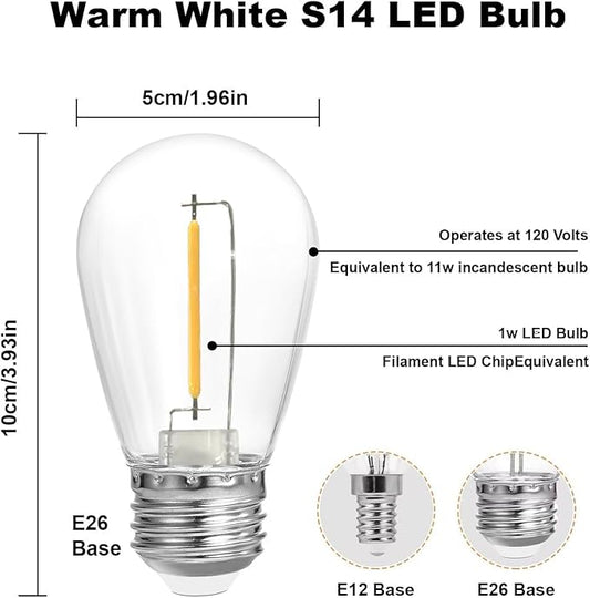 SUNTHIN 50 Pack Dimmable 1W S14 Replacement LED Bulbs, 2700K Warm White Waterproof Outdoor String Lights Vintage LED Filament Bulb, Shatterproof E26 Screw Base Edison Light Bulbs