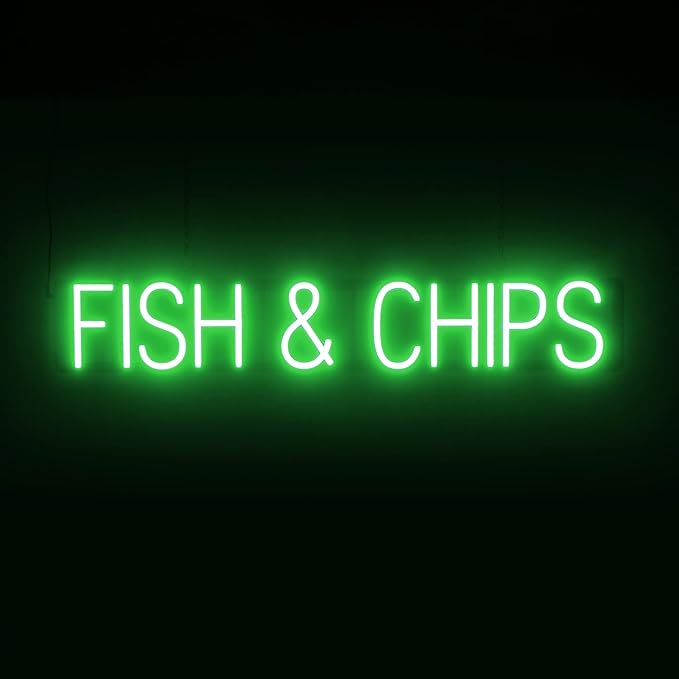 SpellBrite FISH & CHIPS Sign | Food-Related Sign with Neon Look, Green LED Light Source | 37.8" x 6.3"