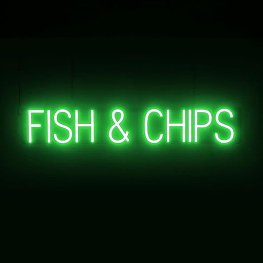 SpellBrite FISH & CHIPS Sign | Food-Related Sign with Neon Look, Green LED Light Source | 37.8" x 6.3"