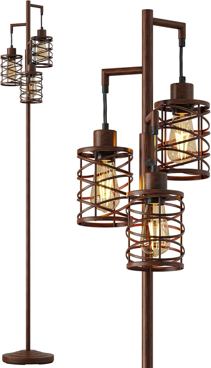 Oneach 70" Industrial Floor Lamp, Stepless Dimmable Standing Lamp with 3 Bulbs, Farmhouse Corner Standing Tree Lamp for Living Room, Tall Lamps for Bedroom, Office, Study Room, Dining Room, Walnut
