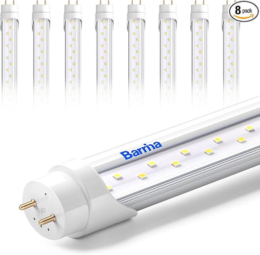 Barrina T8 LED Bulbs 4 Foot Type B, G13, 24W, 3200LM, 6000K Bright Light, Double End Powered, Ballast Bypass, 4 Foot LED Fluorescent Replacement, T8 T10 T12 LED Replacement, Clear Cover, 8 Packs