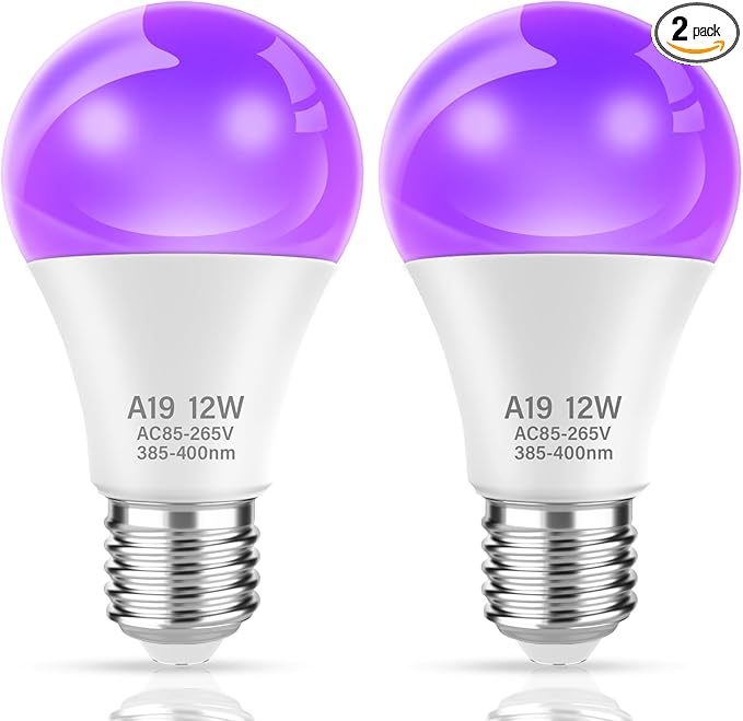 LED UV Black Light Bulb for Halloween Decoration,12W A19 UV Blacklight,100W Equivalent,UVA Level 385-400nm Wavelength,Glow in the Dark for Body Art Paint,Fluorescent Poster,Neon Glow Party,2 Pack