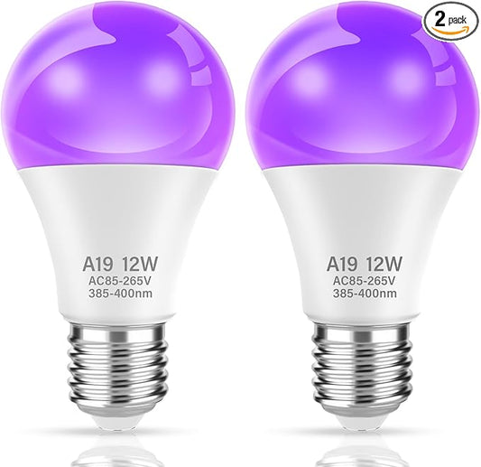 LED UV Black Light Bulb for Halloween Decoration,12W A19 UV Blacklight,100W Equivalent,UVA Level 385-400nm Wavelength,Glow in the Dark for Body Art Paint,Fluorescent Poster,Neon Glow Party,2 Pack