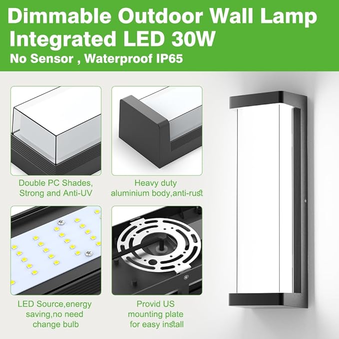 Sytmhoe 10%-100% Dimming LED Modern Outdoor Wall Light, 16in 6000K Dimmable Porch & Patio Wall Light Fixture,Black Aluminum&Dual PC Wall Lights Suitable for Garage Living Room Courtyard House(6000K)