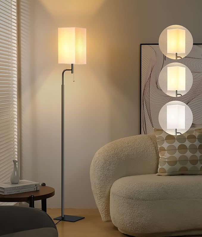 Modern Floor Lamps with 3 Color Temperatures, Minimalist Pole Lamp with Square Linen Shade & Flat Base for Living Room, Bedroom, Office or Kids Room