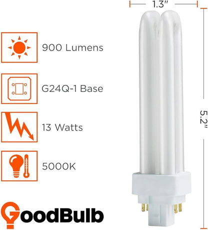 GoodBulb 13 Watt CFL Light Bulbs 4 Pin G24Q-1 Base 5000K Daylight 13W High Output 900 Lumens Double Tube Compact Fluorescent Light Bulbs Plug-in 10 Pack