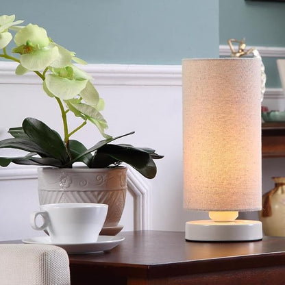 Bieye L10271 Linen Fabric Table Lamp with Cylindrical Lampshade, 11-inch Tall (Creamy-White)