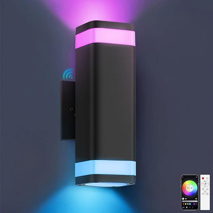 Smart Outdoor RGB Wall Lights, Wi-Fi & App Control Color Changing Up and Down Wall Sconce with Remote, Dusk to Dawn Waterproof Exterior Light Fixture Works with Alexa, Google Assistant, Black Finish
