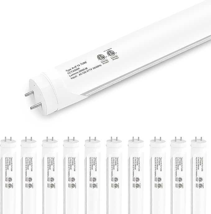 10-Pack T8 LED Tube Lights 4ft, 48 Inch Fluorescent Replacement Bulbs 2000 Lumens, 6500K Daylight White Light, Hybrid Type A+B Single/Double Ended, Frosted Lens, ETL Certified