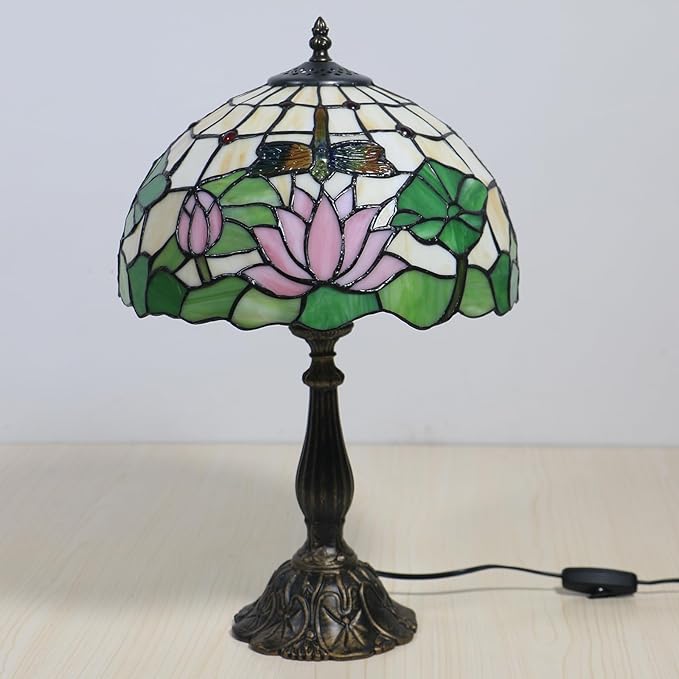 Tiffany Side Table Lamps for Living Room W/LED Bulb Lotus Flower Stained Glass Shade Bedside End Table Lamp 12X12X19Inch Desk Lamps for Home Office Classic Farmhouse Reading Table Lamps