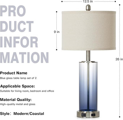 26 Inch Coastal Glass Table Lamp Single, 3-Way Dimmable Touch Control Bedroom Lamp with USB C+A Ports & AC Outlet, Modern Lamp for Living Room End Table, Nautical Bedside Lamp for Night stand, Blue