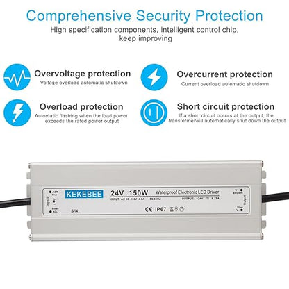 LED Driver 24V150W Waterproof IP67 Power Transformer AC90-130V to DC 24V6.25A Low Voltage Switching Power Supply with 3-pin US Standard Plug for Indoor and Outdoor LED Light Bars