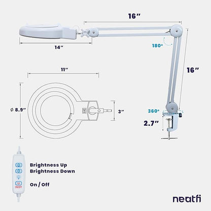(New Model) Neatfi LED Magnifying Lamp with Clamp, 12W, 60 SMD LEDs, Adjustable Step Dimming Brightness, Desk Lamp Magnifier Light for Crafts, Painting, and Hobbies (White, 5-Diopter)