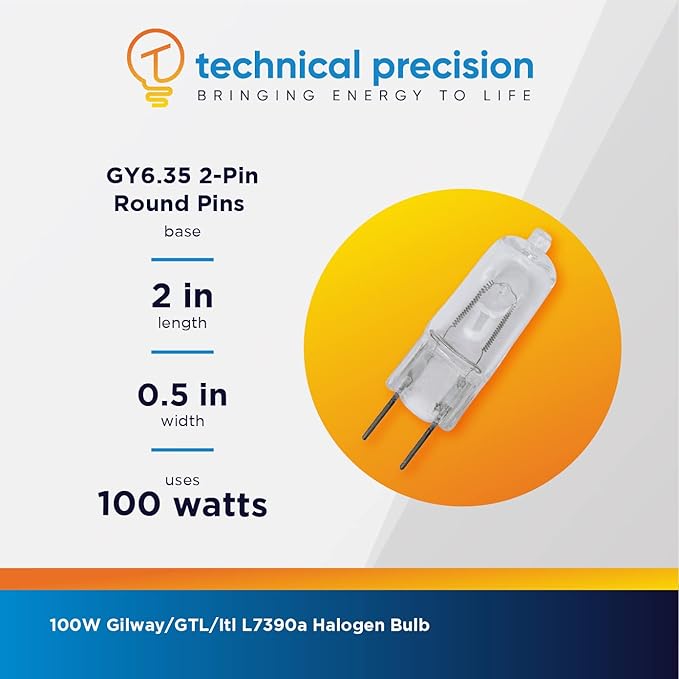 Technical Precision Replacement for Gilway/GTL/Itl L7390a Light Bulb Halogen 100W Light Bulb with GY6.35 2-Pin Base - T4 Bulb 12V Clear Bipin Halogen Bulb - 1 Pack