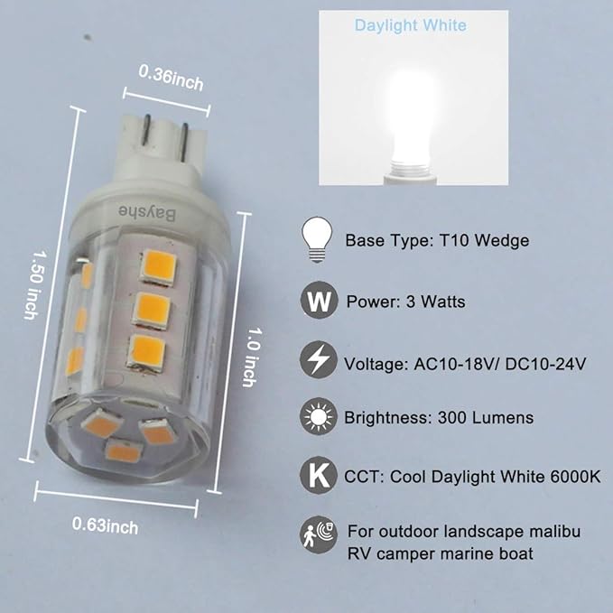 12V T10 Wedge Base Led Landscape Bulbs 3W Malibu Path Garden Light Bulbs,921 922 912 194 168 T10 RV Camper Trailer Motorhome Marine Boat Dome Light,6000K Daylight White,8 Pack