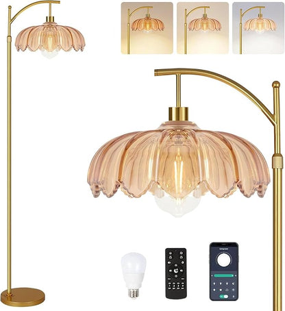 Vintage Floor Lamps for Living Room Glass Floor Lamp with Remote Control & 3 Color Temperature,Dimmable Floor Lamp Gold Mid Century Modern Standing Lamp Brass Tall Floor Lamps for Bedroom Corner